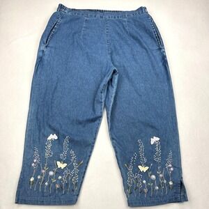 Vintage 90s Tantrum Blues Womens PM Floral Butterfly‎ Embroidered Denim Capris